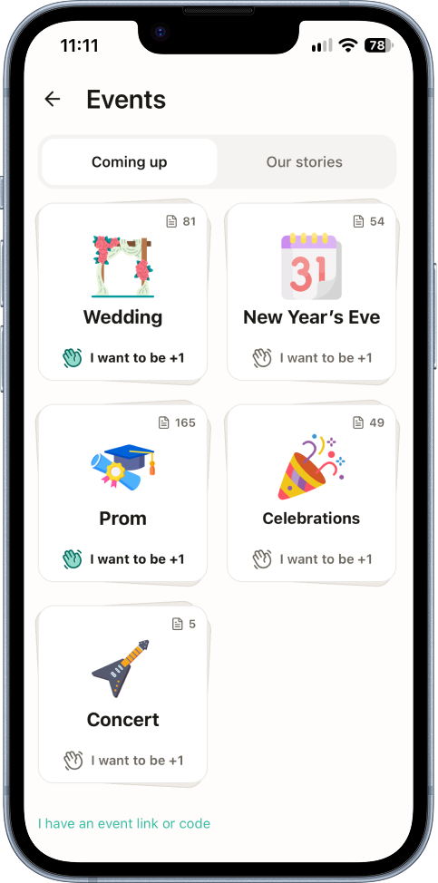 Events in BeMyPlusOne: wedding, New Year’s Eve, prom, celebrations and concert.